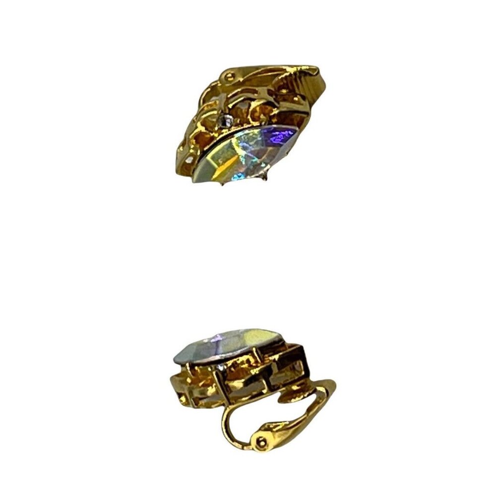 Lind Gold Tone Marquise Aurora Borealis Rhinestone Cut Clip-On Earrings 3/4” - Picture 6 of 10